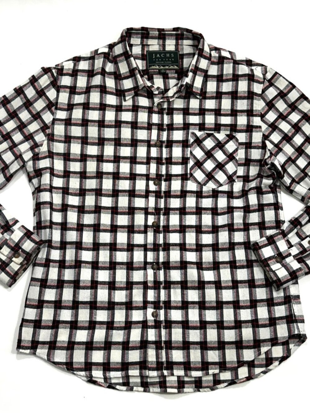 JACHS New York Recycled Flannel Shirt Mens Large White Black Red Plaid Button Up
